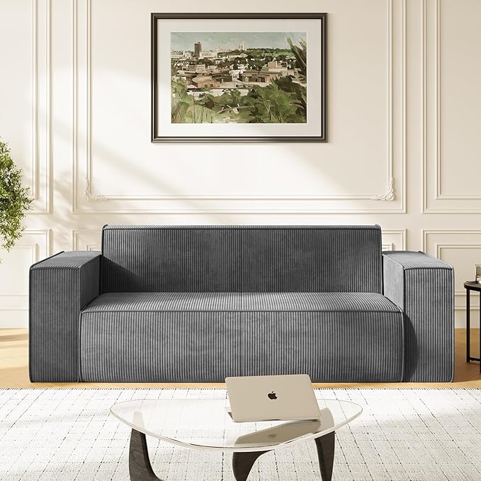 Mjkone 76 Modern Corduroy Sofa Couch Comfy 3 Seater Sofa with Deep Seat Couch for Living Room/Apartment/Office/Home No Legs/No Installation/Easy to Transport (Grey)