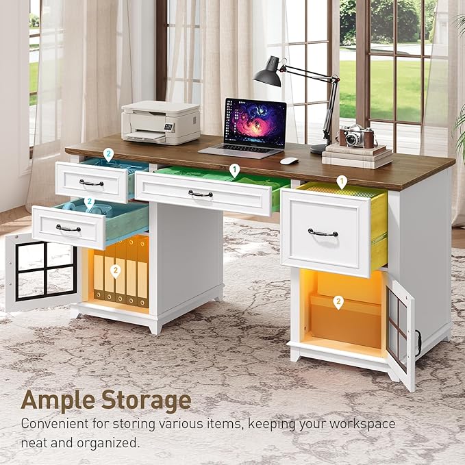 58 Farmhouse Executive Desk with Drawers Wooden Executive Desk with File Drawer LED Light Storage Cabinet Computer Desk with Charging Station Home Office Desk for Work White Walnut
