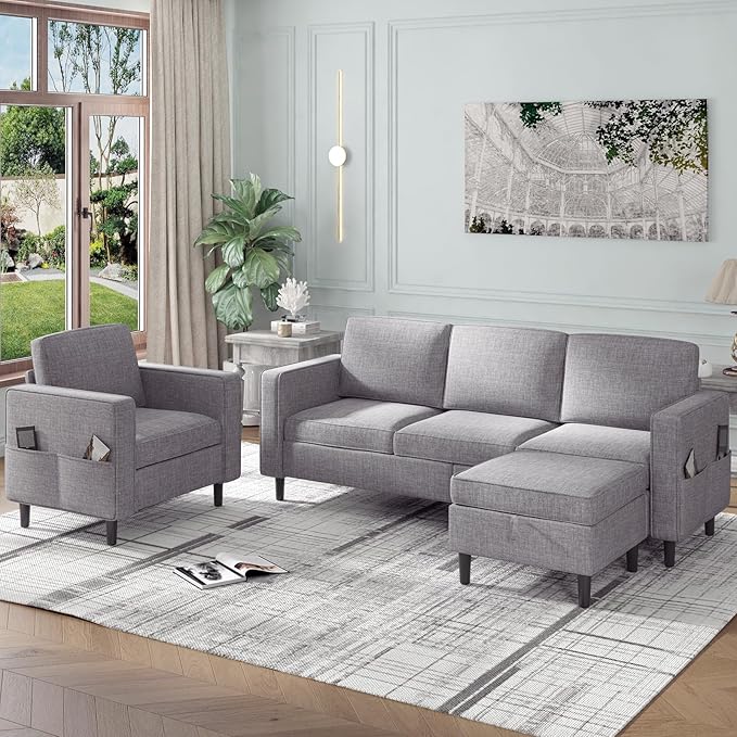 PUREMIND 2 Piece Living Room Sofa Set Modern L Shaped Sectional Sofa and Chair Sets Linen 3 Seater Couch with Storage Ottoman + Single Chair Furniture Couch Sets for Living Room Apartment