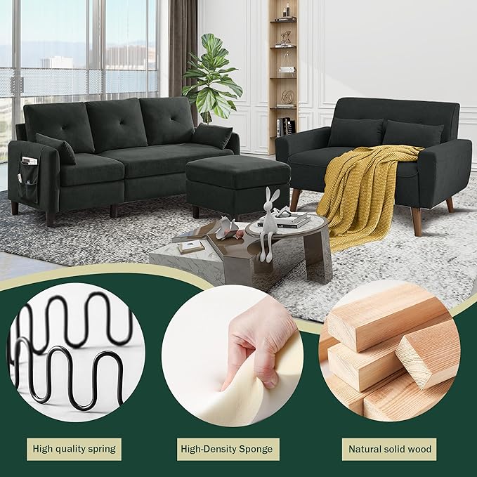 Convertible Sectional Couch Set 77 L Shaped Sofa with Ottoman and 48 Loveseat Modern Couches for Living Room Apartment and Office Black