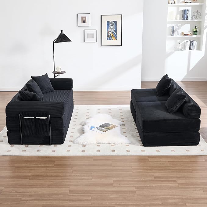 10-in-1 Folding Convertible Sofa Bed 141 Inch Boneless Couch with Fixed-Shape Frame Corduroy Modular Sectional Sofa Mattress Sleeper Sofa Floor Sofa Futon Couch for Living Room (Black)