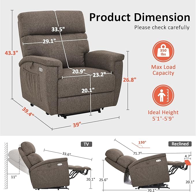 MCombo Power Lift Recliner Chair with Massage and Dual Heating Adjustable Headrest Extended Footrest for Elderly People Fabric R7605 (Mocha)