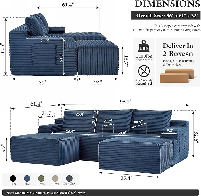 96 Sectional Couches for Living Room Cloud Couch Sofa with L-Shape Upholstered Boneless Couchs Modern Modular Sectional Couch with Chaise (Bule 96 W+Right Facing Chaise+2Seaters+Ottoman)