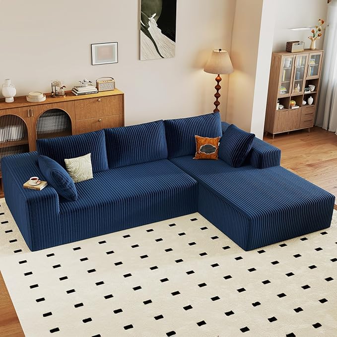 Modular Sectional Sofa Cloud Sectional Couch96 Comfy Fluffy L-Shaped Couches for Living RoomDeep Seat Memory Foam Plush Corduroy Boneless Couch Sectionals No Assembly (BlueRight-Facing Chaise)