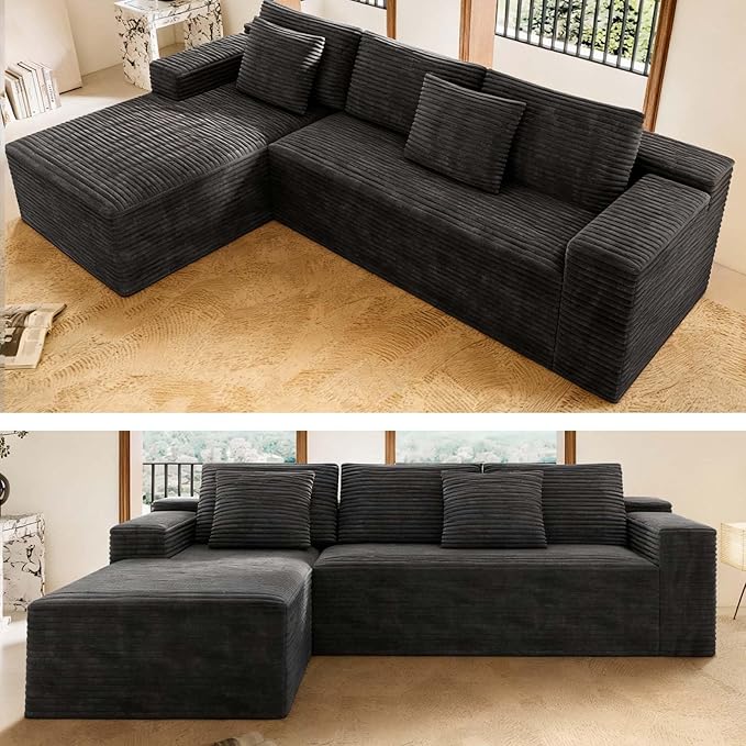 104 Black Boneless Couch with Chaise Sectional Couches for Living Room L Shaped Couch 4 Seat SofaCompression Sofa for Bedroom Comfy No Assembly Corduroy (Grey Right)