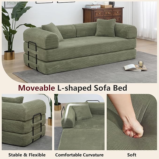 JJJ 78 inch Sofa Bed 4-in-1 Boneless Convertible Corduroy Sleeper Folding Couch with Fixed-Shape Frame and 2 Futons No Assemble Required 3 Seater Upholstered for Living Room (Light Green 78inch)
