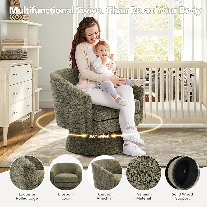 360° Swivel Accent Lounge Chair with Arms and Hidden Storage Modern Chenille Upholstered Club Chair with Soft Cushion Comfy Barrel Chair for Living Room Bedroom Office Green