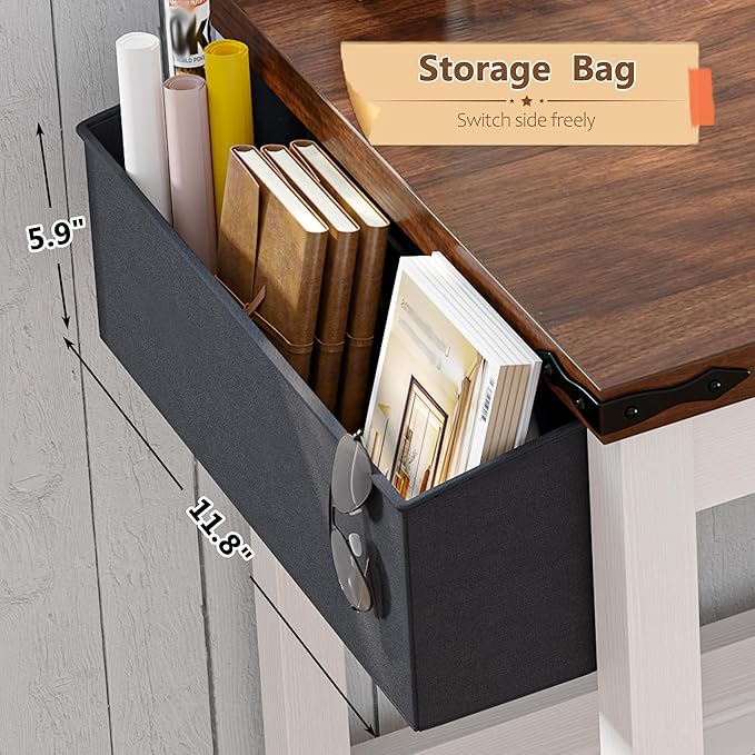 EnHomee 32 Inch Small Desk with Storage Bag Detachable Gaming Desk with Power Outlet Modern Simple Home Office Desk and Writing Desk for Small Spaces Study Desk for Bedroom Brown &amp White