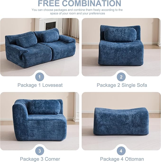 Multiple Modular Boneless Couches for Living Room Cloud Sectional Sofa with Comfy Deep Seat Oversized Single Sofa for Bedroom Apartment No Assembly 1 Module Combined Blue