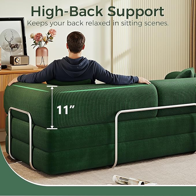 78.5'' Convertible Folding Sofa Bed – 4-in-1 Modular Floor Couch Corduroy Small Cloud Couch Compressed Foldable Sleeper Sofa King Size Futon for Bedroom Guest Room (Green (Dark))