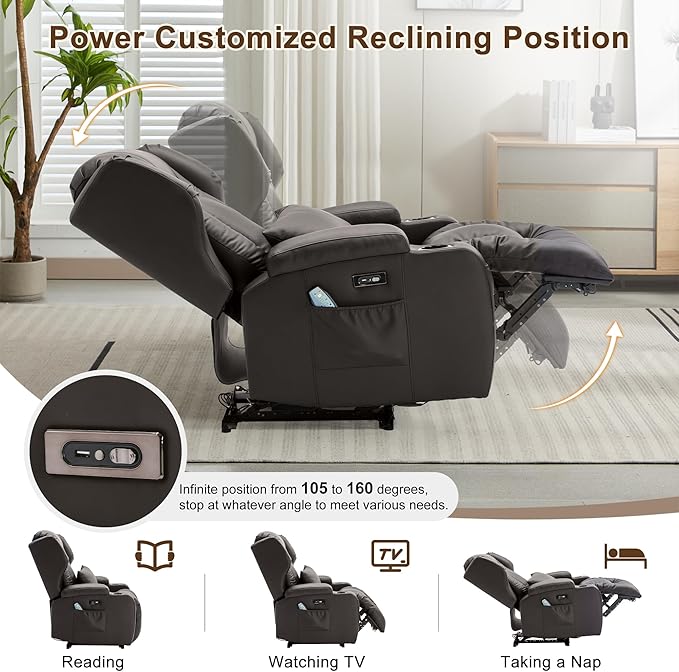 DRMBOOK Power Recliner Chair Electric Wall Hugger Reclining Sofa with Massage &amp Heat Overstuffed Theater Seating with LED/USB Port/Cup Holders for Living Room (Leather Brown 2 Chairs)