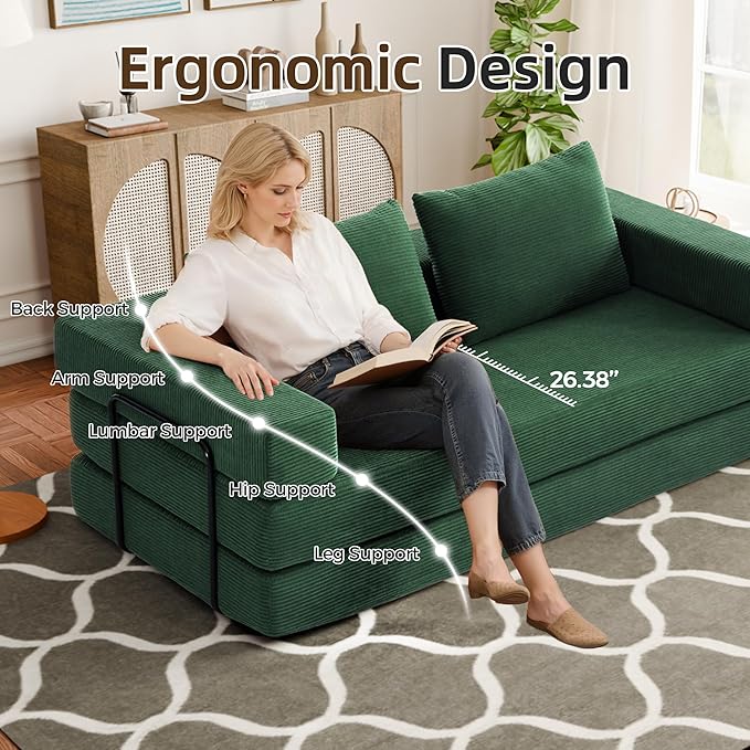 Convertible Sofa Bed 4-in-1 DIY Combination Modular Couch with Pillows Comfy Boneless Sleeper Sofa Bed with Fixed-Shape Frame Corduroy Convertible Lounge Couch for Living Room Green