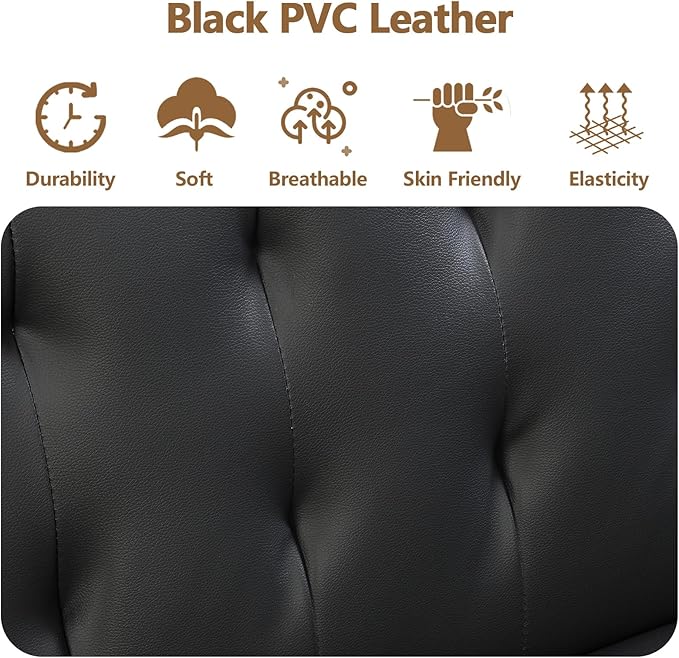 Modern Convertible Futon Sofa Bed Adjustable Loveseat Futon Couch with Metal Legs Upholstered Sofa Bed with Wood Frame Sleeper Couches for Small Compact RV Living RoomOffice (Black-Leather)