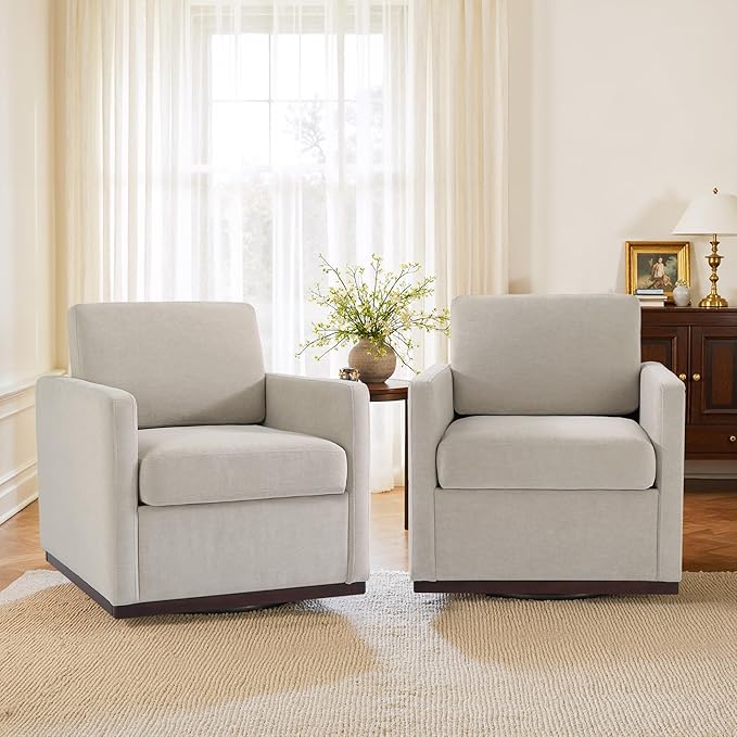 Swivel Accent Chair 360° Swivel Upholstered Club Armchairs for Living Room 31 Wide Square Single Sofa Reading Chair with Deep Seat Metal Swivel Base Chenille Fabric Sand