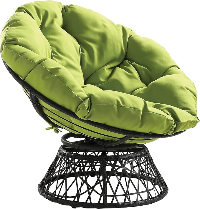 OSP Home Furnishings Wicker Papasan Chair with 360-Degree Swivel Grey Frame with Green Cushion