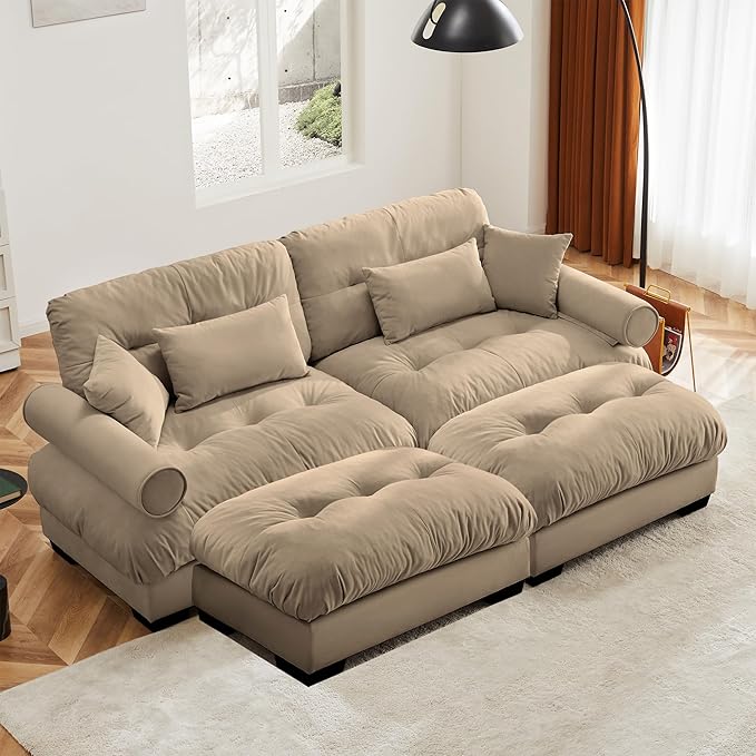 Loveseat Sofa 93.7 Modular Sectional Sofa 2 Seater Modern Cloud Couch with Ottoman Oversized Sectional Couches for Living Room Comfy Velvet Sofas Deep Seat Couch with 4 Pillows Camel
