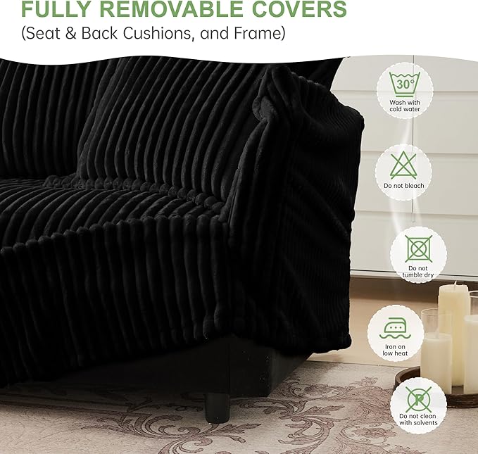 Modular Accent Armchair with Ottoman and Pillows Soft Corduroy Lounge Chair for Living Room Bedroom or Reading Nook – Oversized Chaise Lounge Design (Black Single Chair)