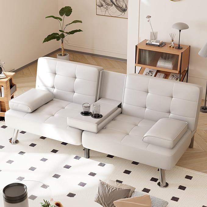 Shahoo Convertible Folding Futon Sofa Bed Sleeper Couch for Living Room Faux Leather Upholstered Loveseat w/Removable Armrests Metal Legs 2 Cup Holders White