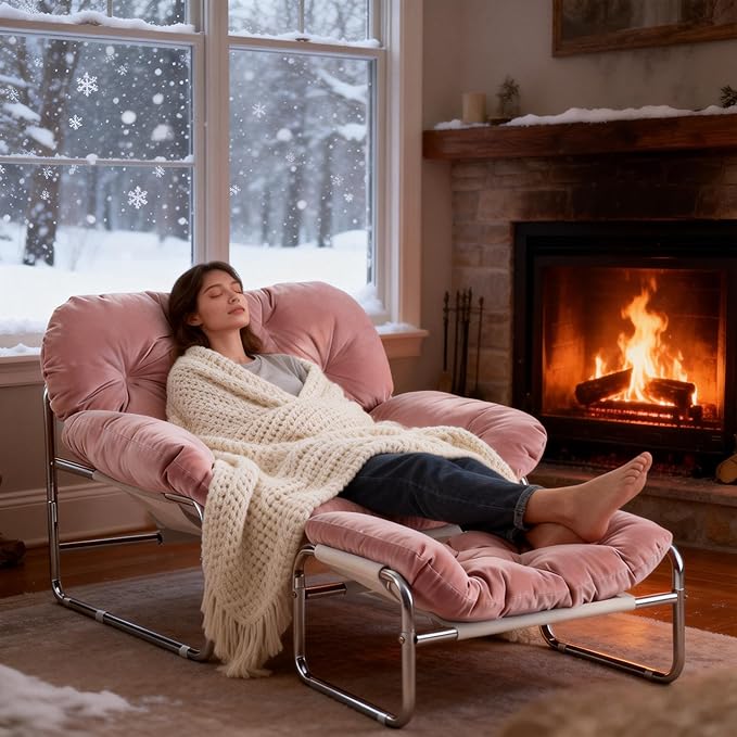YOXIFOC Modern Style Recliner Armchair with Footrest Multifunctional Leisure Chair with Thickened Cushion and Phone Holder Suitable for Bedroom/Living Room Reading Chair/Garden/Patio (Pink)