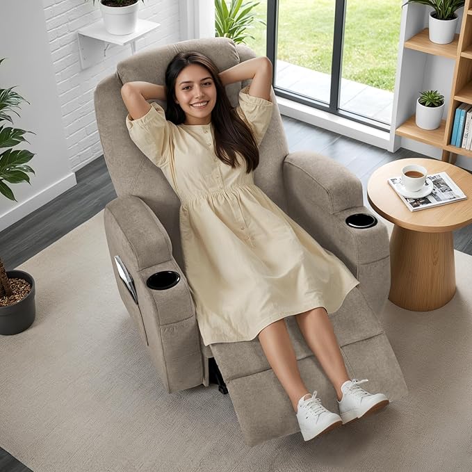 Recliner Chair 360° Swivel Rocker Chair for Adults Rocking Recliner Chair with Massage Comfy Single Sofa with Side Pockets Cup Holders for Living Room Bedroom Nursery (Fabric Khaki)