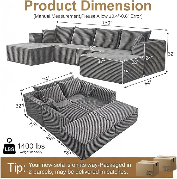 U Shaped Modular Sectional Couches for Living Room 130 Cloud Modular Sectional Sofa Chaise Fluffy Corduroy Couch with Deep Seat for Bedroom No Assembly RequiredBlack