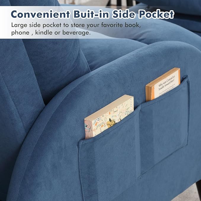 Accent Chair with Ottoman Velvet Comfy Reading Chair and Ottoman Set Modern Oversized Velvet Lounge Sleeper Armchair with Adjustable Backrest for Living Room Bedroom Blue