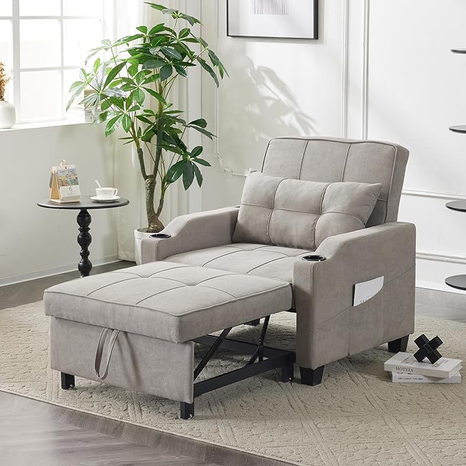 Karl home Sleeper Chair Convertible Sofa Bed with USB/Type C Ports 3-in-1 Pull Out Sofa Bed Adjustable Reading Chair with Cup Holders Linen Light Gray