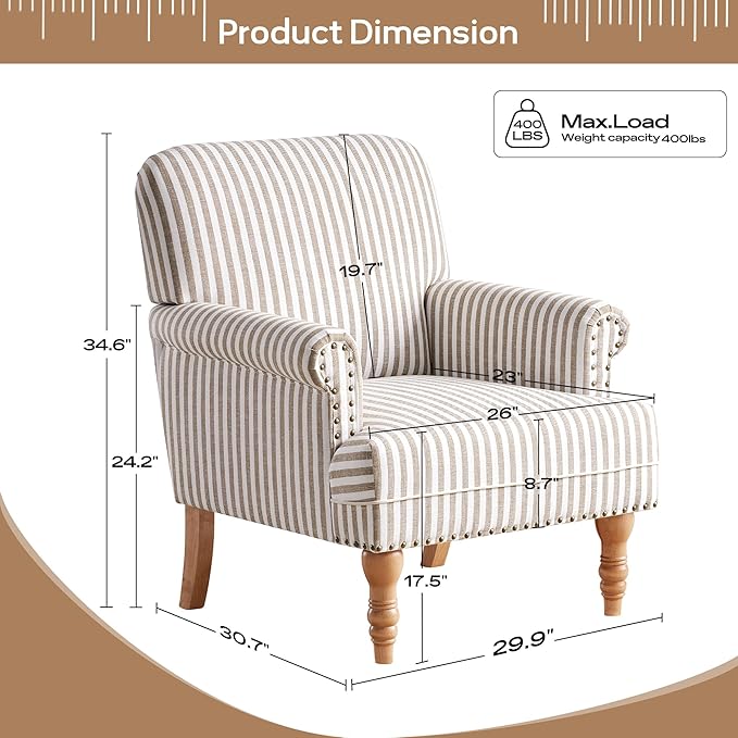 HUIMO Linen Fabric Accent Chair Mid-Century Modern Armchair with Solid Wood Legs Single Sofa ChairUpholstered Reading Club Chair (1 Brown and White Stripe)