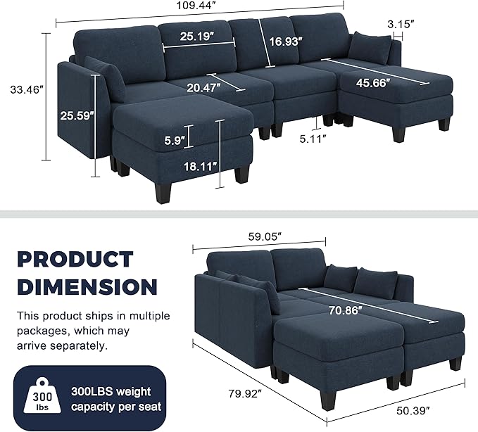 Modular Sectional Sofa 6 Seaters Modular Sleeper Sofa Couch Comfy Sectionals Couches Bed Convertible Sofas with Ottomans Sectional Couches for Living Room Blue