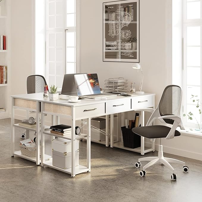 ODK 47 Small Office Computer Desk: Home Table with Drawers Wood Storage Shelves Modern Work Writing Desk White + White Leg