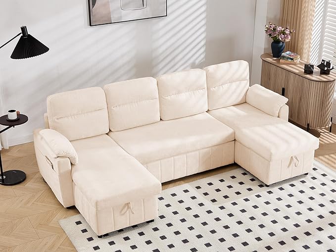 Tbfit 108'' Pull Out Sofa Cloud Sleeper Sofa Bed with USB &amp 2 Storage Chaises Comfy Oersized U Shaped Convertible Sectional Sleeper Couches for Living Room Apartment Office Beige