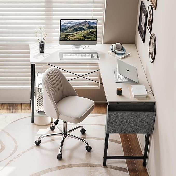 50-Inch White L-Shaped Wooden Tabletop Home Office Desk with Reversible Corner and Metal Frame Including Main Stand and Side Pocket for Gaming Working and Studying