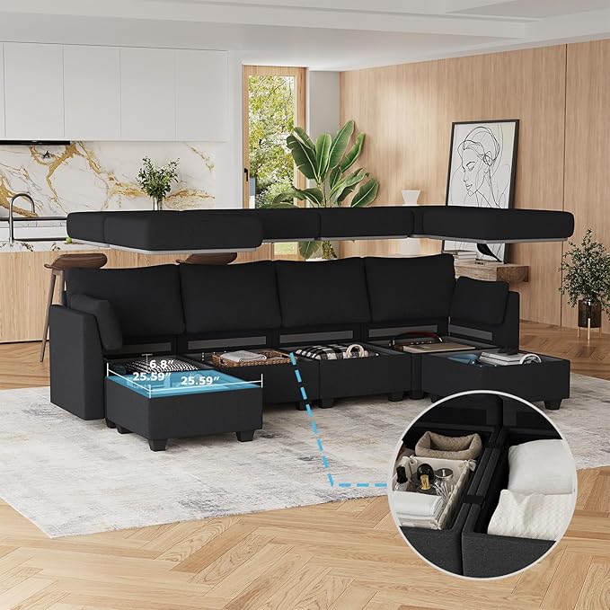114.17 Modular Sectional Sofa 6 Seat Sectional Couches with Storage Memory Foam Convertible Modular Couch for Living Room U Shaped Comfy Modular Sofa with Chaise Black