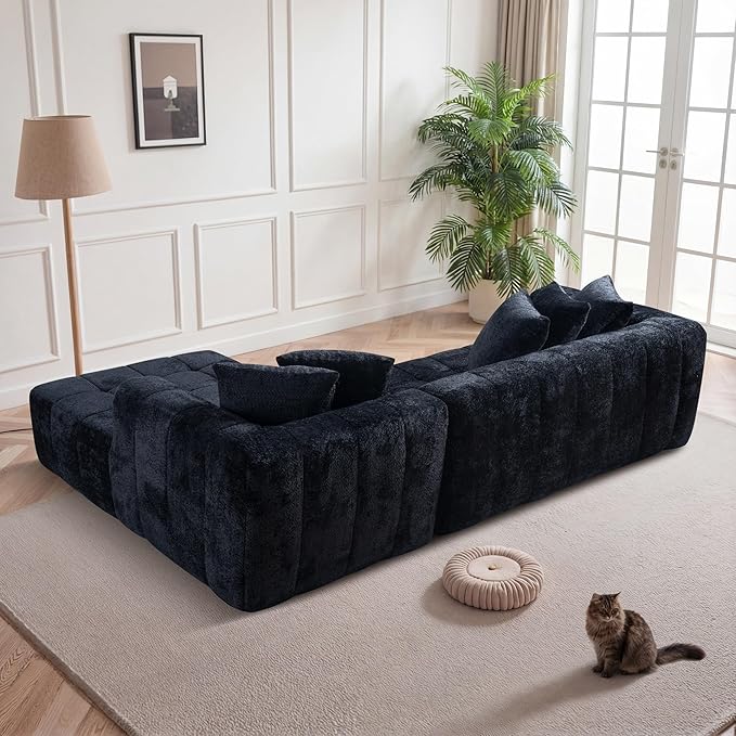 107.9“Cloud Sectional Boneless Couch Modular Sofa with Deep Seat 5 Pillows L-Shaped Free Combination Soft Boucle Fabric 1400 lbs Capacity Living Room Apartment. (Black Right Hand Facing) | No Assembl