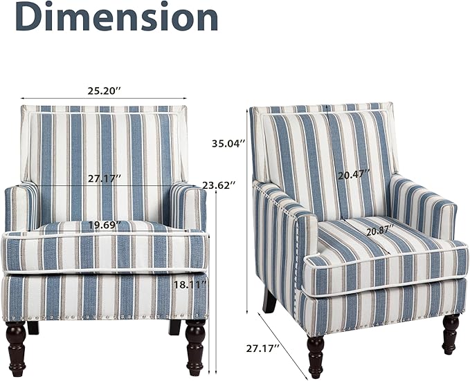 Accent Chair Modern Comfy Mid-Century Accent ChairsLinen Upholstered Lounge Arm Chair with Solid Wood Reading Side Padded Single Sofa for Living Room/Office/Balcony/Bedroom-Blue Stripe