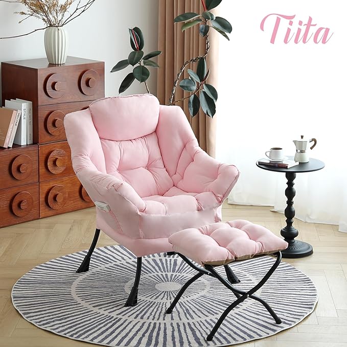 Tiita Lazy Chair with Ottoman Pink Modern Large Accent Chair Comfy Leisure Sofa Armchair with Ottoman Reading Chair with Footrest for Bedroom Living Room Dorm Rooms Pink