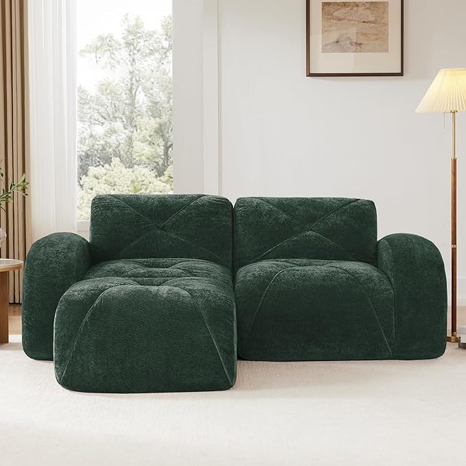 Boneless Couch Modular Sectional Sofa 80.3 Sectional Couches for Living Room Upholstered Cloud Couch Retro Velvet Floor Sofa with Ottoman Deep Seat Loveseat for BedroomGreen