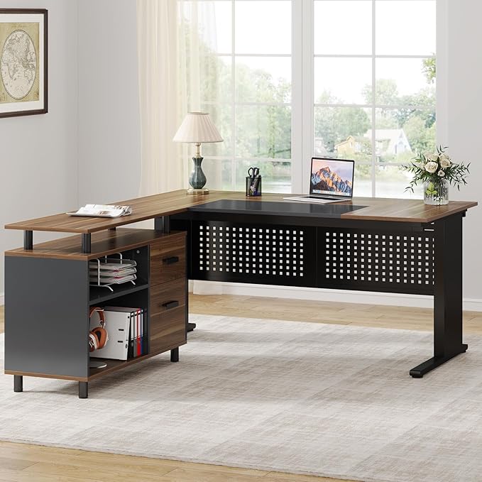 Tribesigns 63 Inch Executive Desk with File Cabinet Large Office Desk L Shaped Computer Desk with Drawers and Storage Shelves Business Furniture Desk Workstation for Home Office Brown and Black