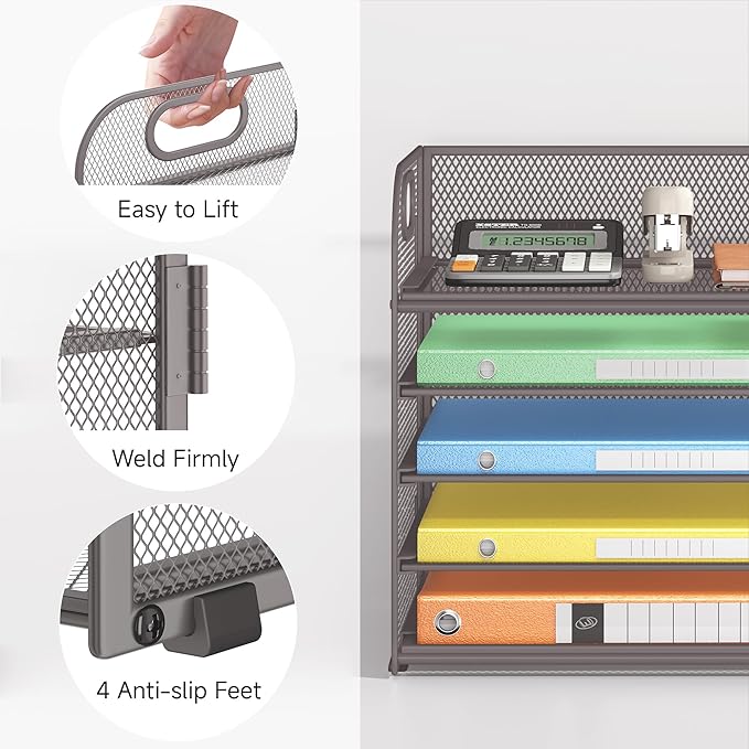 Lavatino 5 Tray Desk File Organizer Mesh Paper Sorter Letter Tray Organizer with Handle Desktop File Organizer and Storage for Letter/A4 Office File Folder- Grey