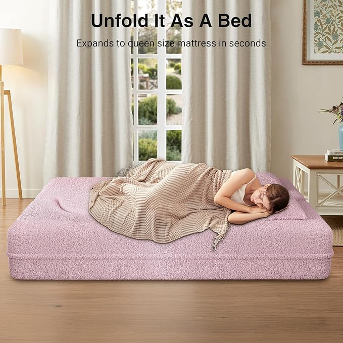 78 Convertible Folding Sofa Bed 2-in-1 Full Size Floor Boneless Couch Bed Loveseat sleeper Couch  Teddy Floor Sofa Memory Foam Sleeper SofaBed Small couches for small spaces No Assembly (Pink)