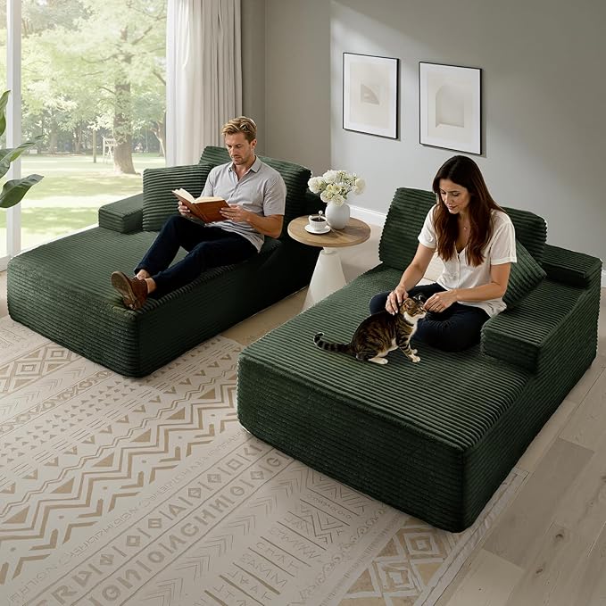 89.3” Oversized Double Chaise Lounge Indoor Green Corduroy Chaise Lounge Chair Upholstered Sleeper Sofa Bed Deep Seat Sleeper Loveseat Reading Chairs Boneless Cloud Couch for Living Room Bedroom