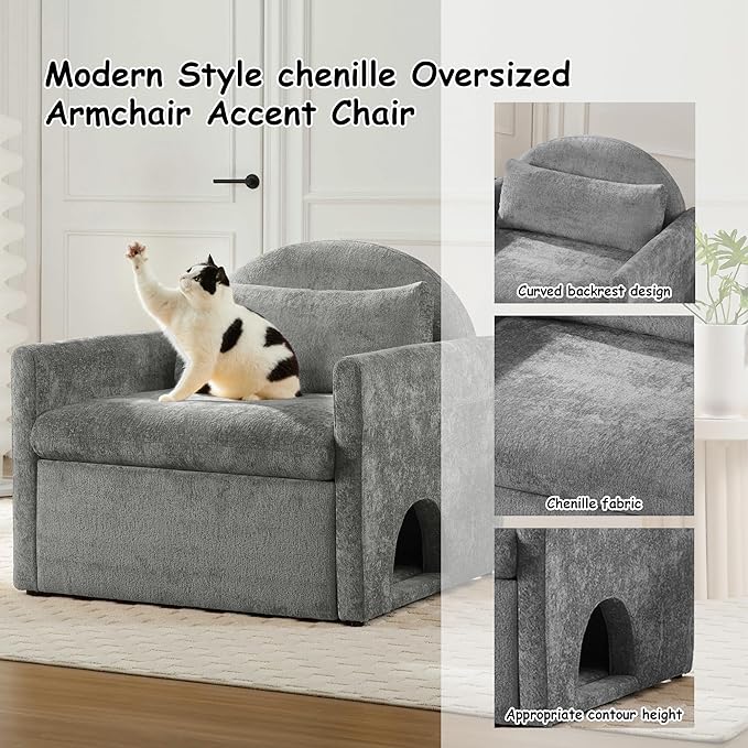 Single Sofa ChairModern Chenille ArmchairLounge Chair with Cat DedGray Chairs for Living Room BedroomRemovable Washable Covers