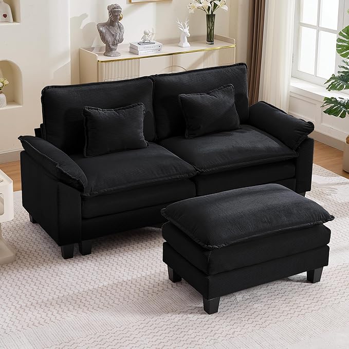 URRED Modular Cloud Couch Sectional Sofa 87 L Shaped Deep Seat Sofa with Ottoman &amp Pillows Ultra Comfy Corduroy Loveseat Sofa for Living Room Apartment or Bedroom Black | Corduroy Fabric