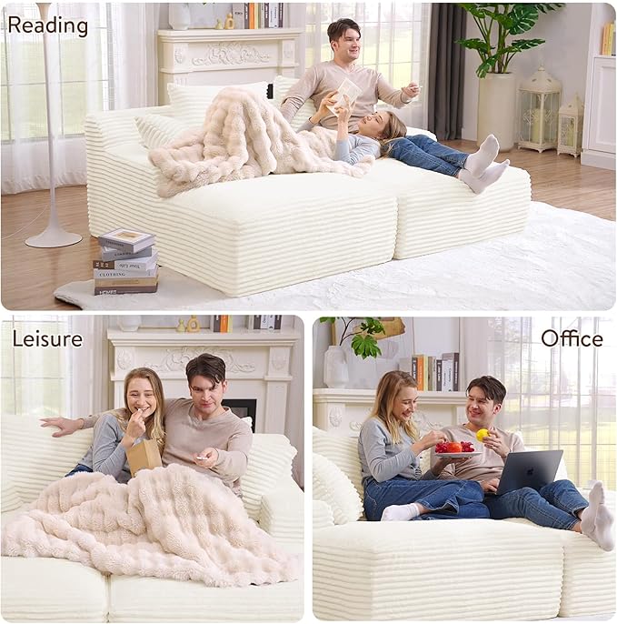 Oversized Double Chaise Lounge Chair Indoor Fluffy Upholstered Corduroy Sofa Bed with Throw Pillows Comfy Sleeper Deep Seat Sectional Loveseat Sofa Couch for Living Room (Beige)