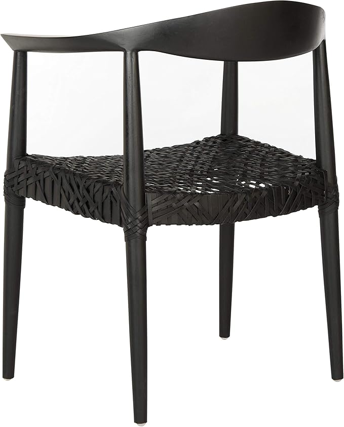 SAFAVIEH Home Collection – Wade Black Teak Wood Arm Chair with Woven Leather Web Seat Fully Assembled Mid-Century Modern Accent Chair (FOX1003B)