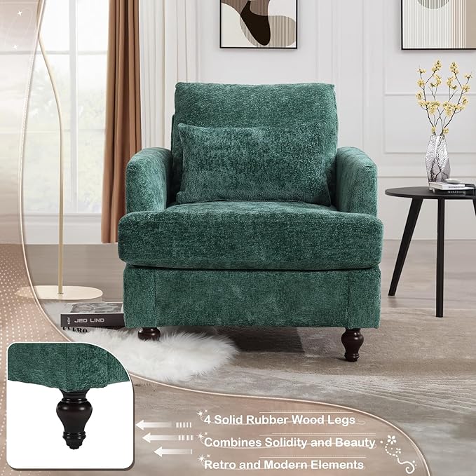 KINFFICT Modern Accent Chair for Living Room Upholstered Single Sofa Chair with Lumbar Pillow Comfy Armchair with Thickened Cushion Living Room Chairs for Bedroom Office Emerald Chenille