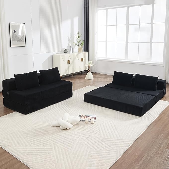 Folding Sofa Bed Full Size Modern Corduroy Floor Boneless Loveseat Couch Bed with 2 Pillows Comfy 3 in 1 Convertible Sleeper Sofa for Living Room Apartment Dorm Small Space Black