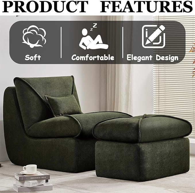 29” Oversized Lazy Sofa Chair and Ottoman Set Chaise Lounge Chair Indoor with Pillows Comfy Reading Couch for Adults Suitable for Living Room Small Spaces Memory Foam Chenille (Green-1)