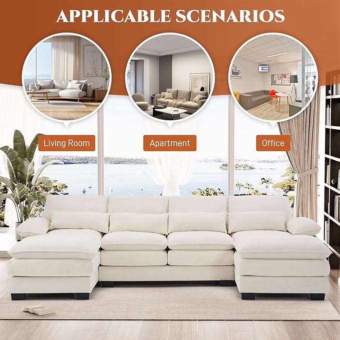 OUYESSIR 113 U Shape Sectional Cloud Couch with OttomanFluffy Sectional Couches for Living Room4 Seater Modular Sectionals SofaComfy Cloud Sofas &amp Couches with 4 PillowsBeige White
