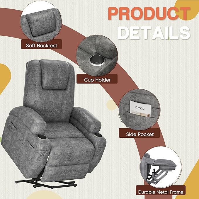 Electric Power Lift Recliner Chair with Massage for Elderly Corduroy Fabric Recliner Single Sofa with Cup Holders Side Pockets and Remote Control for Living Room Bedroom (Leathaire Light Gray)